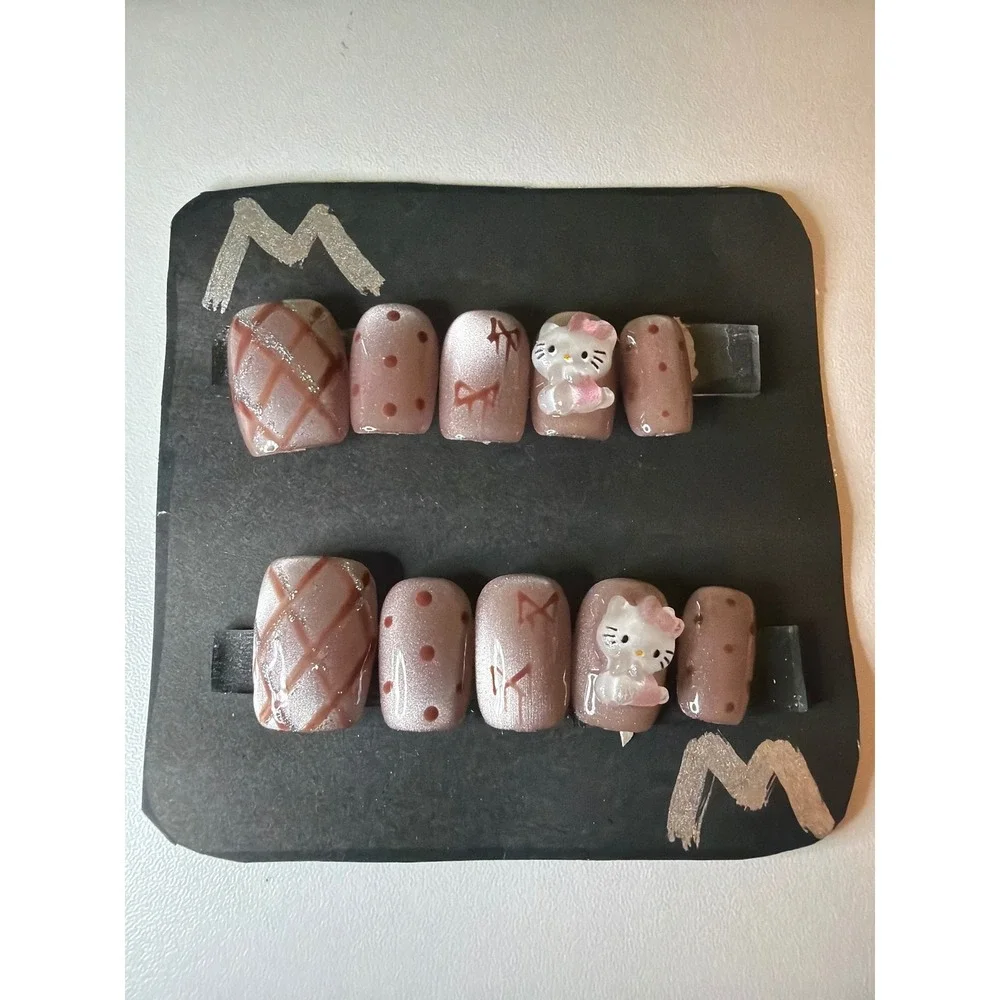 Handmade Custom Cat Eye Press On Nails Medium Mauve Pink 3D Hello Kitty 10pc Set